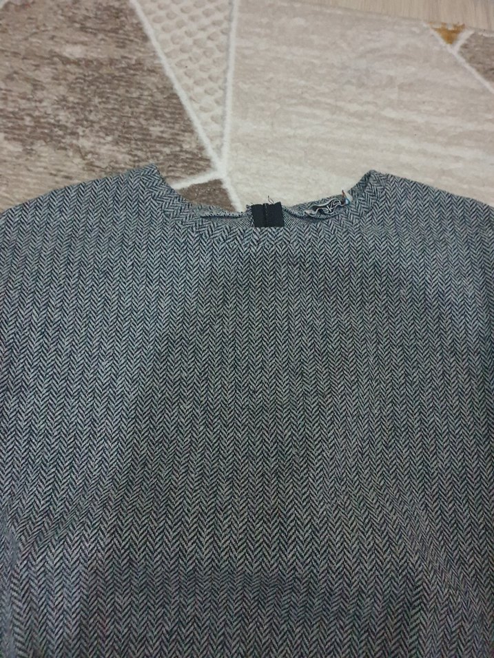 Gri Kadın Örgü Salaş Mini Kazak - Görsel 2