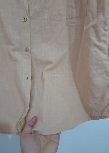 Bej Keten Kadın Gömlek, Uzun Kollu, Salaş - Görsel 4