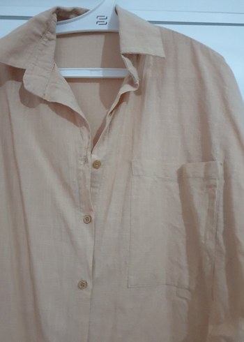 Bej Keten Kadın Gömlek, Uzun Kollu, Salaş - Görsel 3