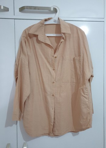 Bej Keten Kadın Gömlek, Uzun Kollu, Salaş - Görsel 2