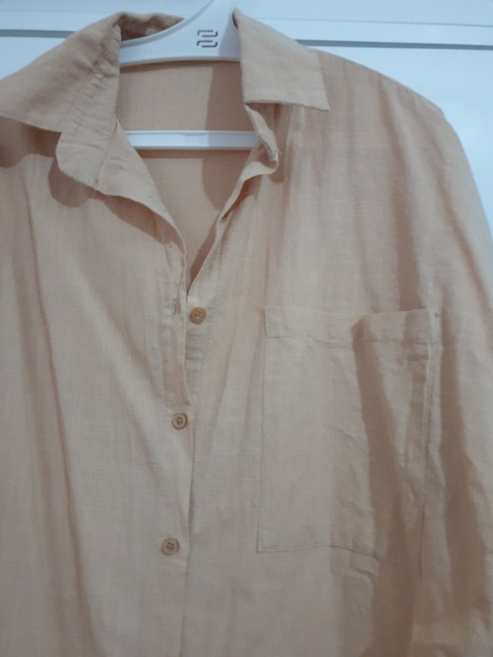 Bej Keten Kadın Gömlek, Uzun Kollu, Salaş - Görsel 3