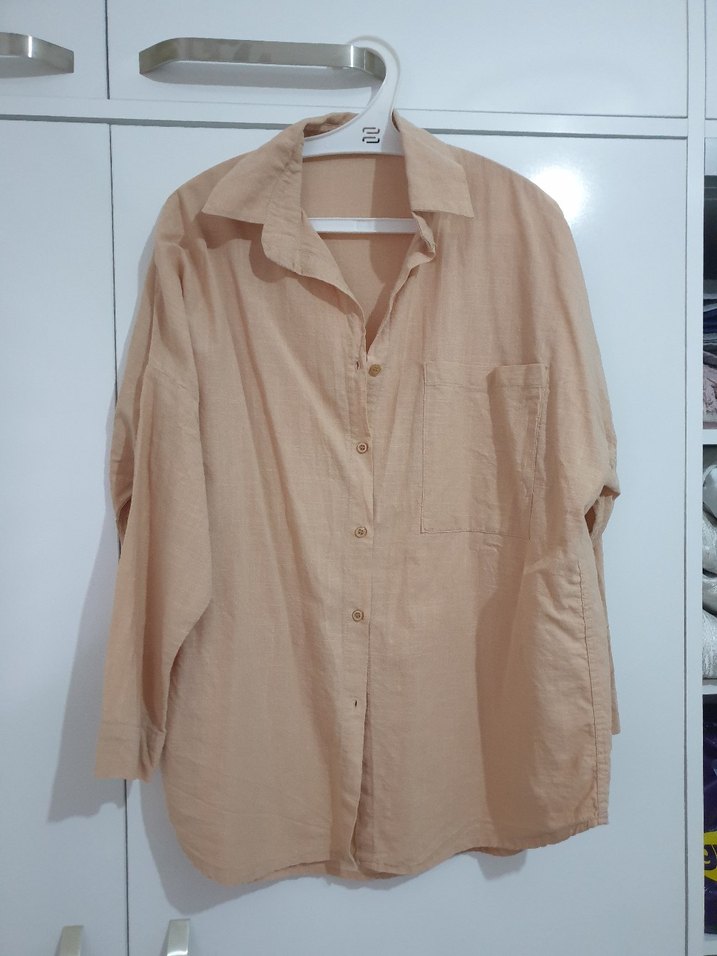 Bej Keten Kadın Gömlek, Uzun Kollu, Salaş - Görsel 2