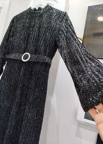 Kemerli Siyah Uzun Kadın Elbise - Görsel 4