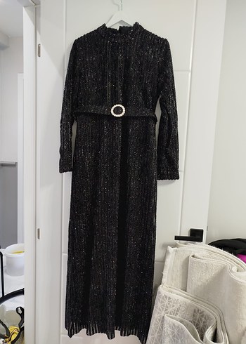 Kemerli Siyah Uzun Kadın Elbise - Görsel 8