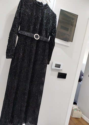 Kemerli Siyah Uzun Kadın Elbise - Görsel 7