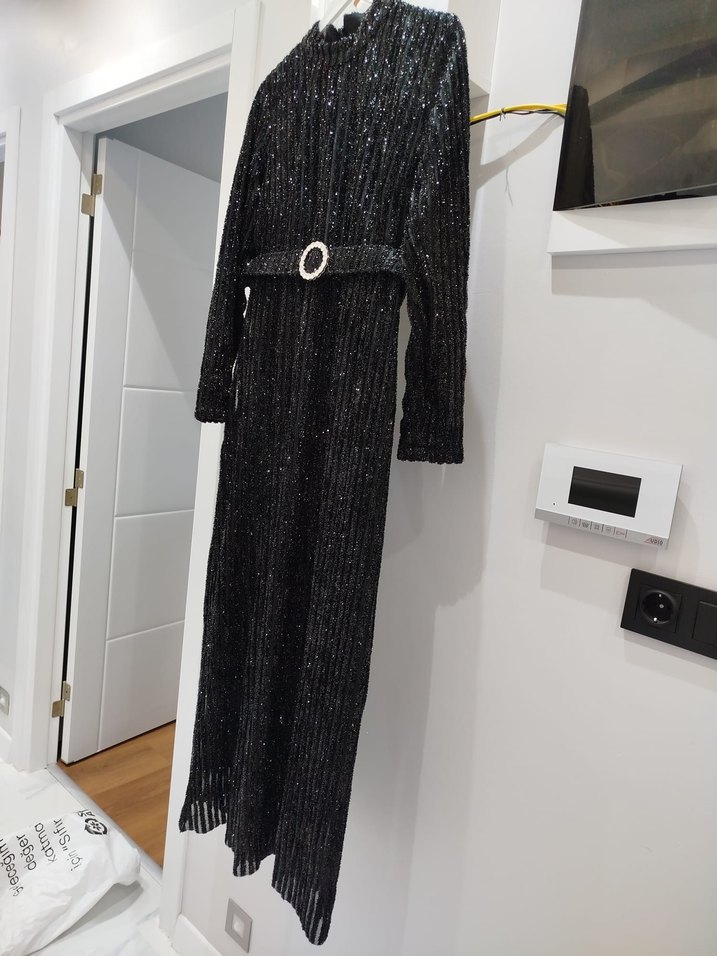 Kemerli Siyah Uzun Kadın Elbise - Görsel 5