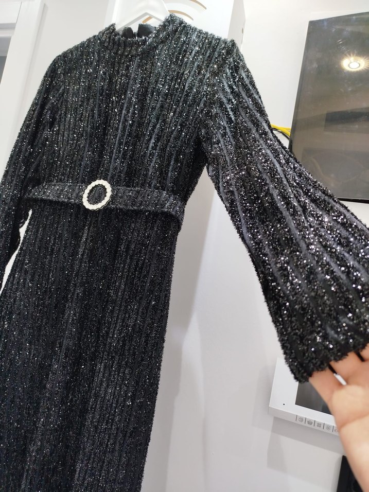 Kemerli Siyah Uzun Kadın Elbise - Görsel 4