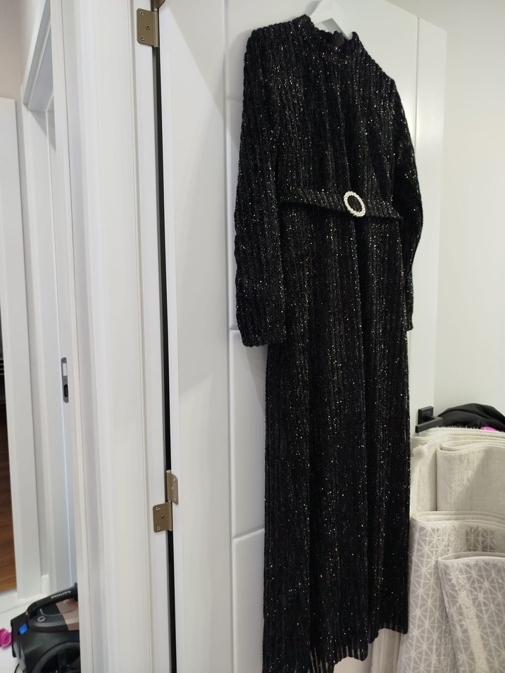 Kemerli Siyah Uzun Kadın Elbise - Görsel 3