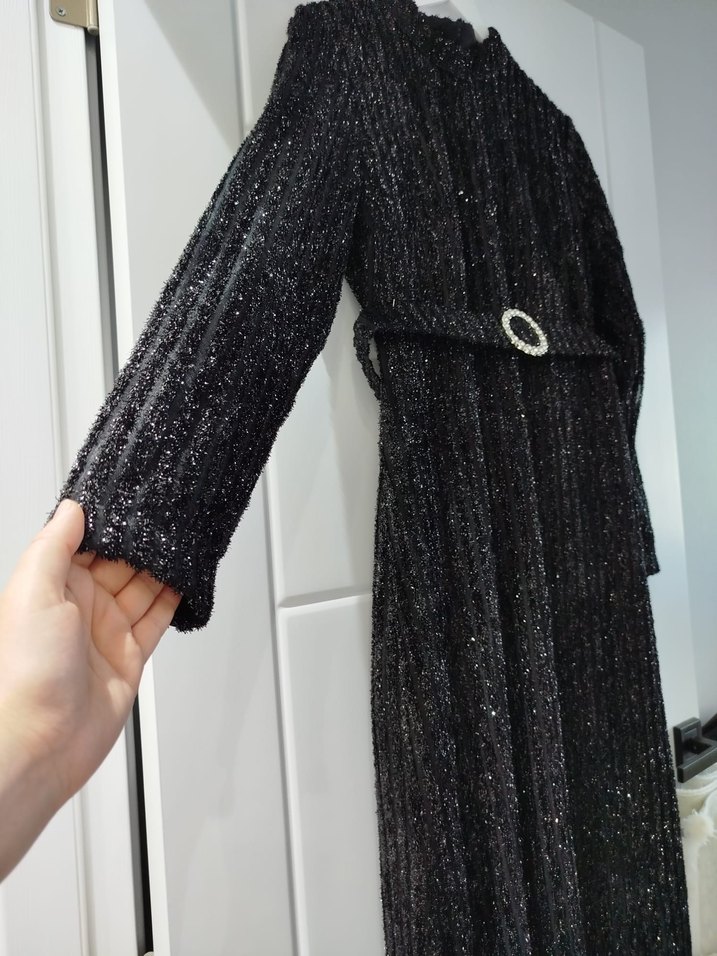 Kemerli Siyah Uzun Kadın Elbise - Görsel 2