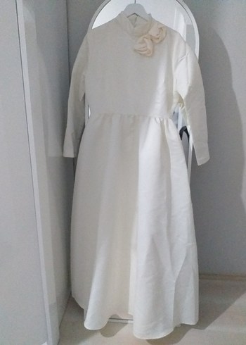 Beyaz Uzun Keten Elbise, Drapeli, Yüksek Yakalı - Görsel 2