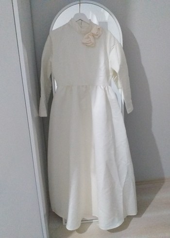 Beyaz Uzun Keten Elbise, Drapeli, Yüksek Yakalı - Görsel 4