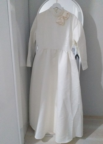 Beyaz Uzun Keten Elbise, Drapeli, Yüksek Yakalı - Görsel 3