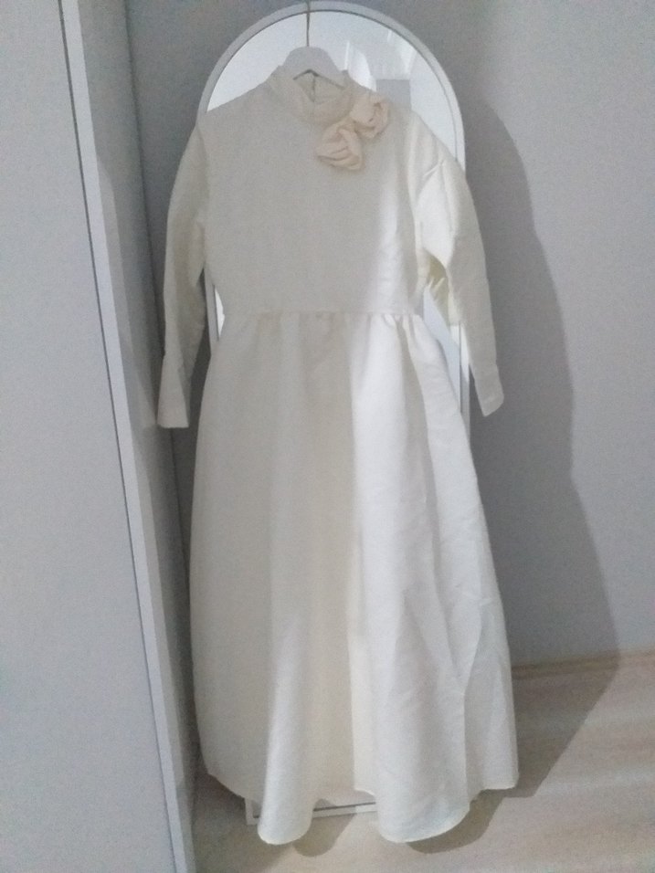 Beyaz Uzun Keten Elbise, Drapeli, Yüksek Yakalı - Görsel 4