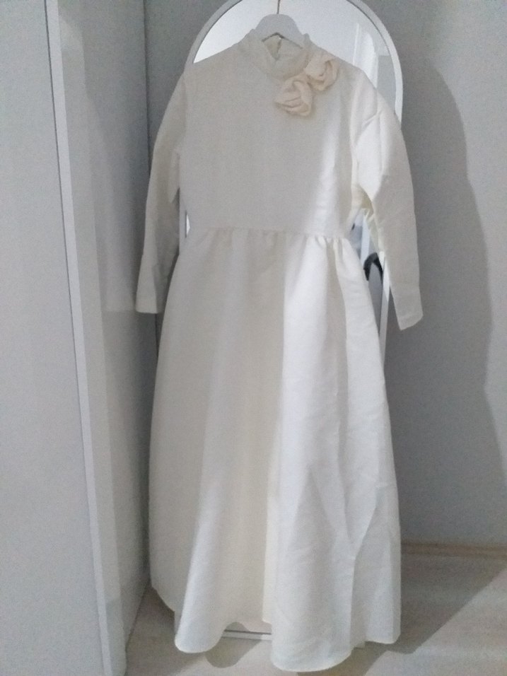 Beyaz Uzun Keten Elbise, Drapeli, Yüksek Yakalı - Görsel 3