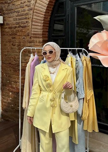 ipekyol Sarı Uzun Kollu Notlu Yaka Street Style Takım