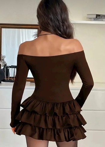 Kahverengi Fırfırlı Mini Elbise - Görsel 2