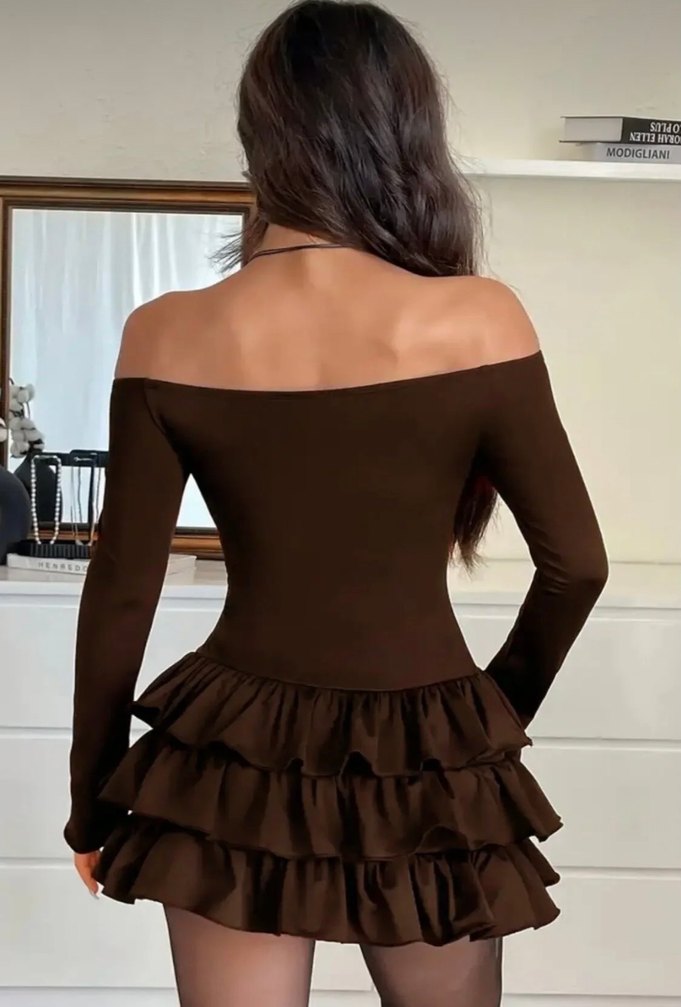 Kahverengi Fırfırlı Mini Elbise - Görsel 2