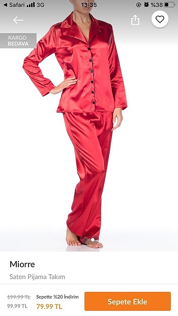 m Beden Kırmızı saten pijama takımı