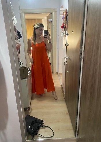 Trendyol & Milla Canli Turuncu İnce Askili Uzun Elbise