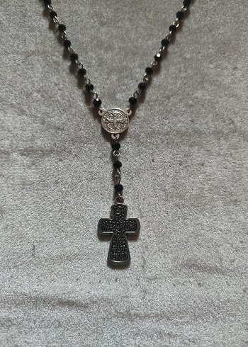American Vintage Rosary Çift Taraflı Uzun Zincir Detaylı Siyah Gotik Kolye Haç