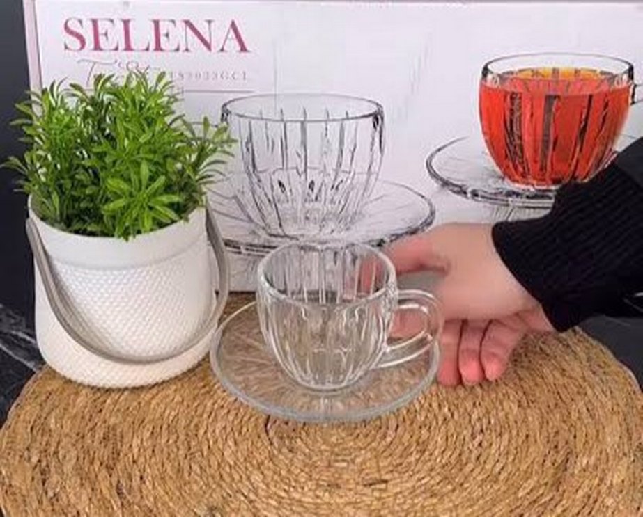 Şeffaf Cam Kulplu Fincan ve Tabak Seti - Görsel 2