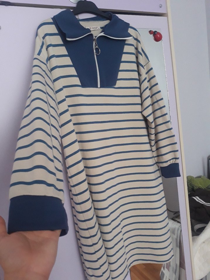 Mavi Çizgili Yaka Fermuarlı tunik - Görsel 2