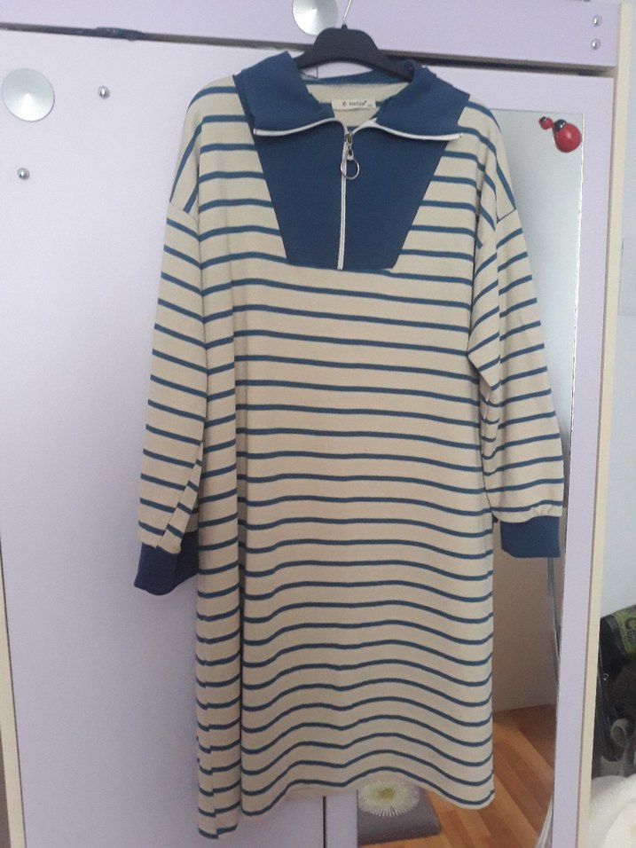 Mavi Çizgili Yaka Fermuarlı tunik - Görsel 4