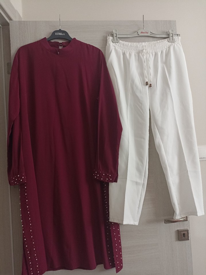 tunik pantolon takım , beyaz pantolon mürdüm tunik - Görsel 2