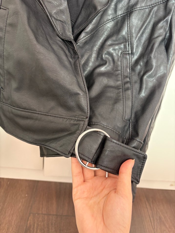 Kadın Siyah Deri Biker Ceket - Görsel 5