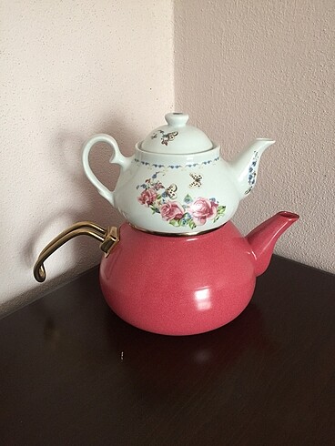 Pembe Renkli Emaye Çaydalık Seti
