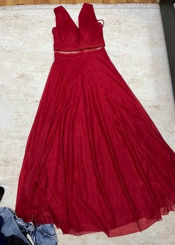 Bordo Uzun Drapeli V Yaka Abiye Elbise - Görsel 3