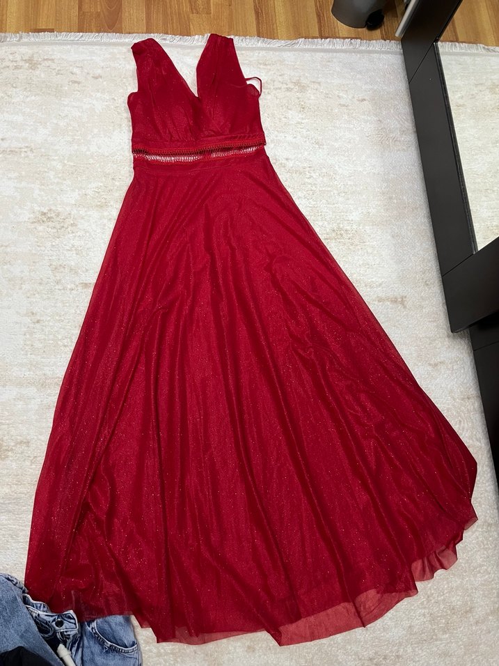 Bordo Uzun Drapeli V Yaka Abiye Elbise - Görsel 2