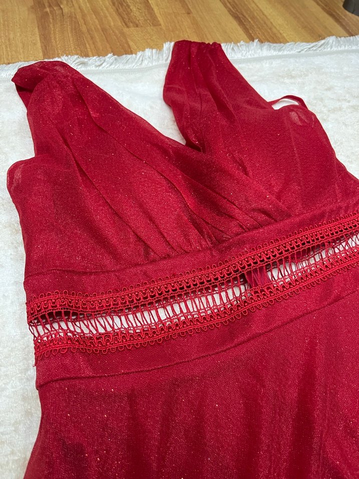 Bordo Uzun Drapeli V Yaka Abiye Elbise - Görsel 5