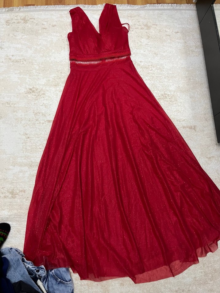 Bordo Uzun Drapeli V Yaka Abiye Elbise - Görsel 3