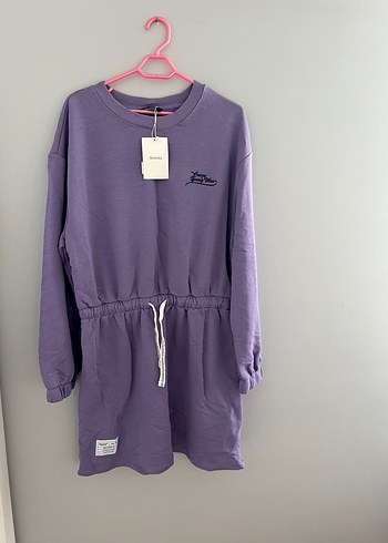Mor Uzun Kollu Midi Sweatshirt Elbise