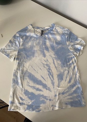 Mavi Beyaz Tie-Dye Keten Kadın Tişört