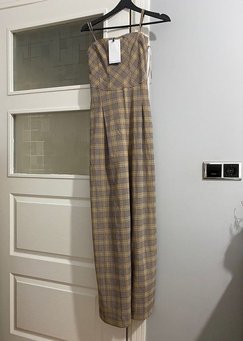 Bershka Ekose Desenli Bej Uzun Tulum