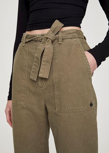 xs Beden Kadın Bej Süet Kemerli Boyfriend Pantolon