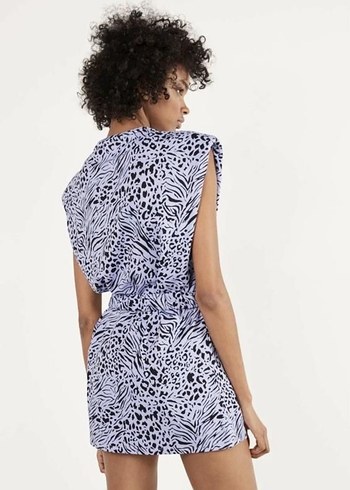 Bershka Mor Zebra Desenli Kemerli Mini Elbise