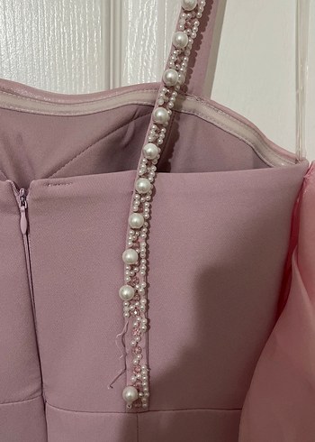 Pudra Pileli Strappy Kol Detaylı Abiye Elbise - Görsel 6