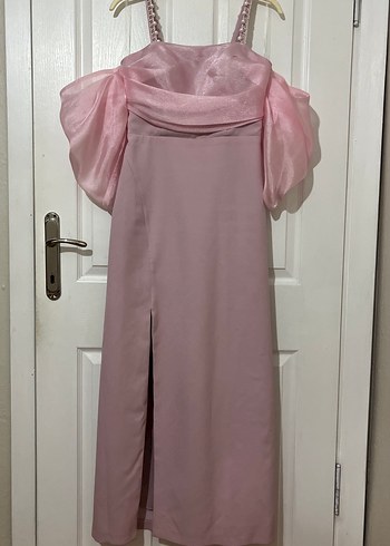 Pudra Pileli Strappy Kol Detaylı Abiye Elbise - Görsel 2