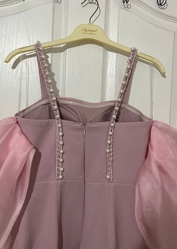 Pudra Pileli Strappy Kol Detaylı Abiye Elbise - Görsel 5