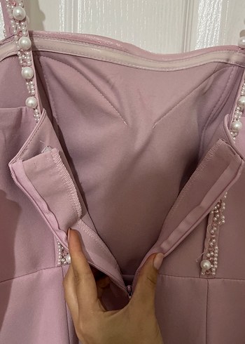 Pudra Pileli Strappy Kol Detaylı Abiye Elbise - Görsel 7