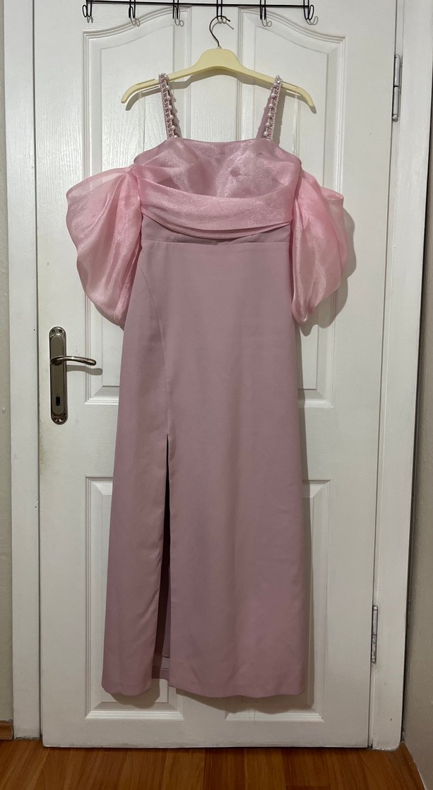 Pudra Pileli Strappy Kol Detaylı Abiye Elbise - Görsel 2