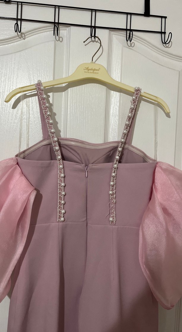 Pudra Pileli Strappy Kol Detaylı Abiye Elbise - Görsel 5