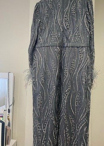 Gri Nakışlı Uzun Kollu Kadın Abiye Elbise - Görsel 3