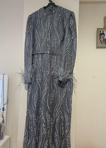 Gri Nakışlı Uzun Kollu Kadın Abiye Elbise - Görsel 2