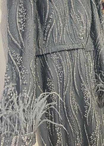 Gri Nakışlı Uzun Kollu Kadın Abiye Elbise - Görsel 4