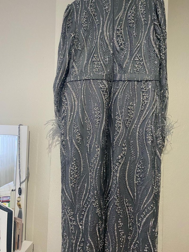 Gri Nakışlı Uzun Kollu Kadın Abiye Elbise - Görsel 3