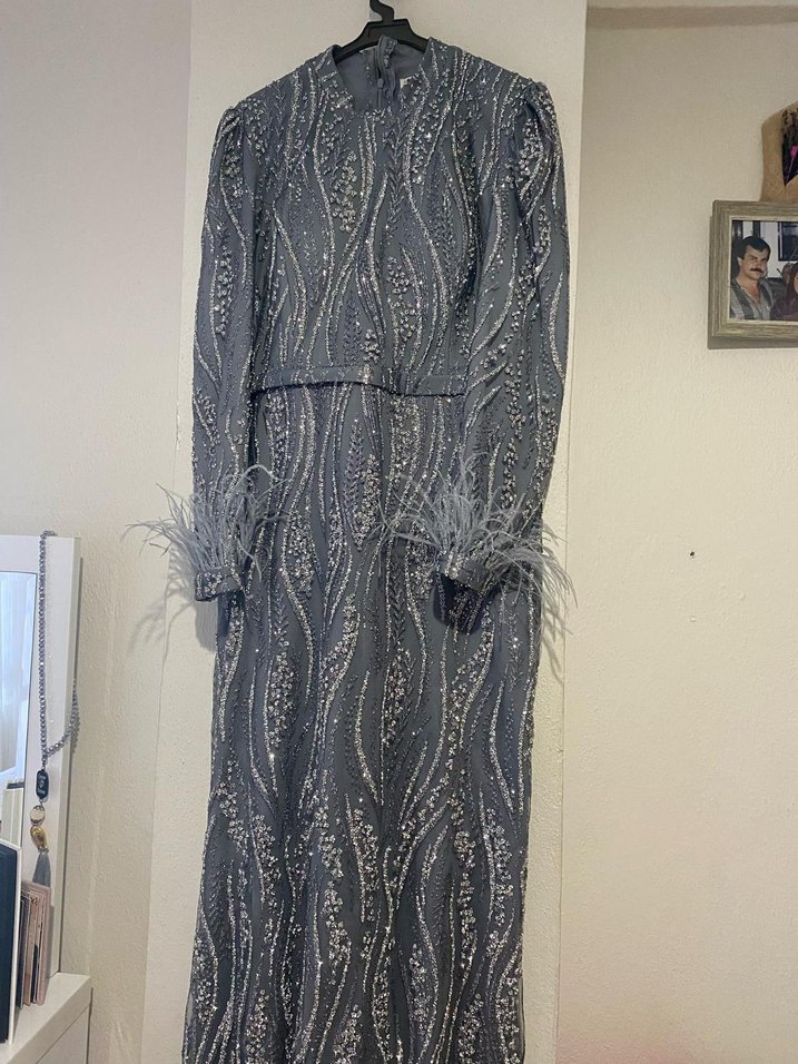 Gri Nakışlı Uzun Kollu Kadın Abiye Elbise - Görsel 2